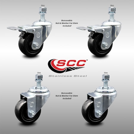 Service Caster 3 Inch SS Hard Rubber Swivel 12mm Threaded Stem Caster Lock Brake SCC, 2PK SCC-SSTSTTL20S314-HRS-M1215-2-S-2